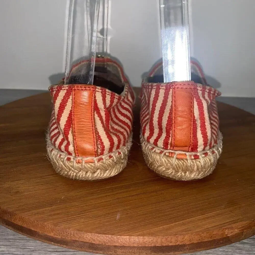 Tory Burch Size 9 Beacher Canvas Espadrille Flats Stiped Red Natural Logo Shoes